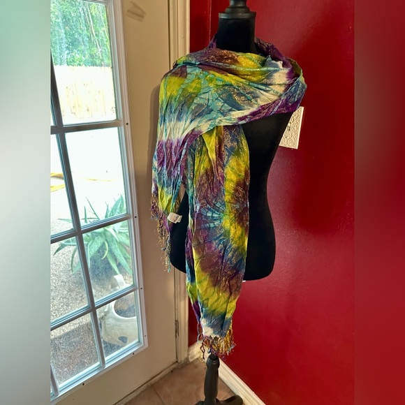 Mudd Tie Dye Metallic Scarf Wrap Shawl Fringe Boho Festival Hippie Viscose - Picture 1 of 7